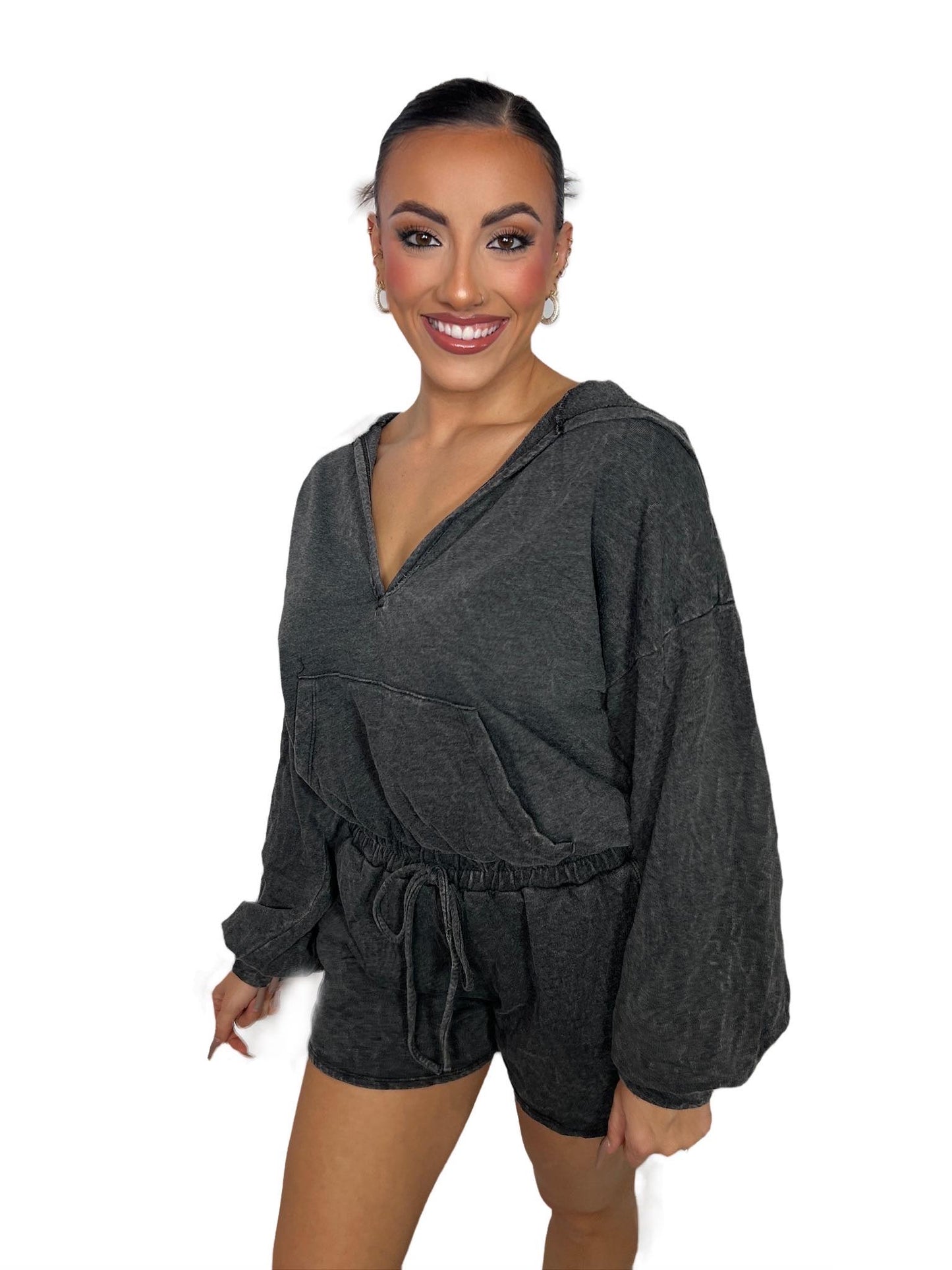 Mineral Washed hooded romper with front pocket