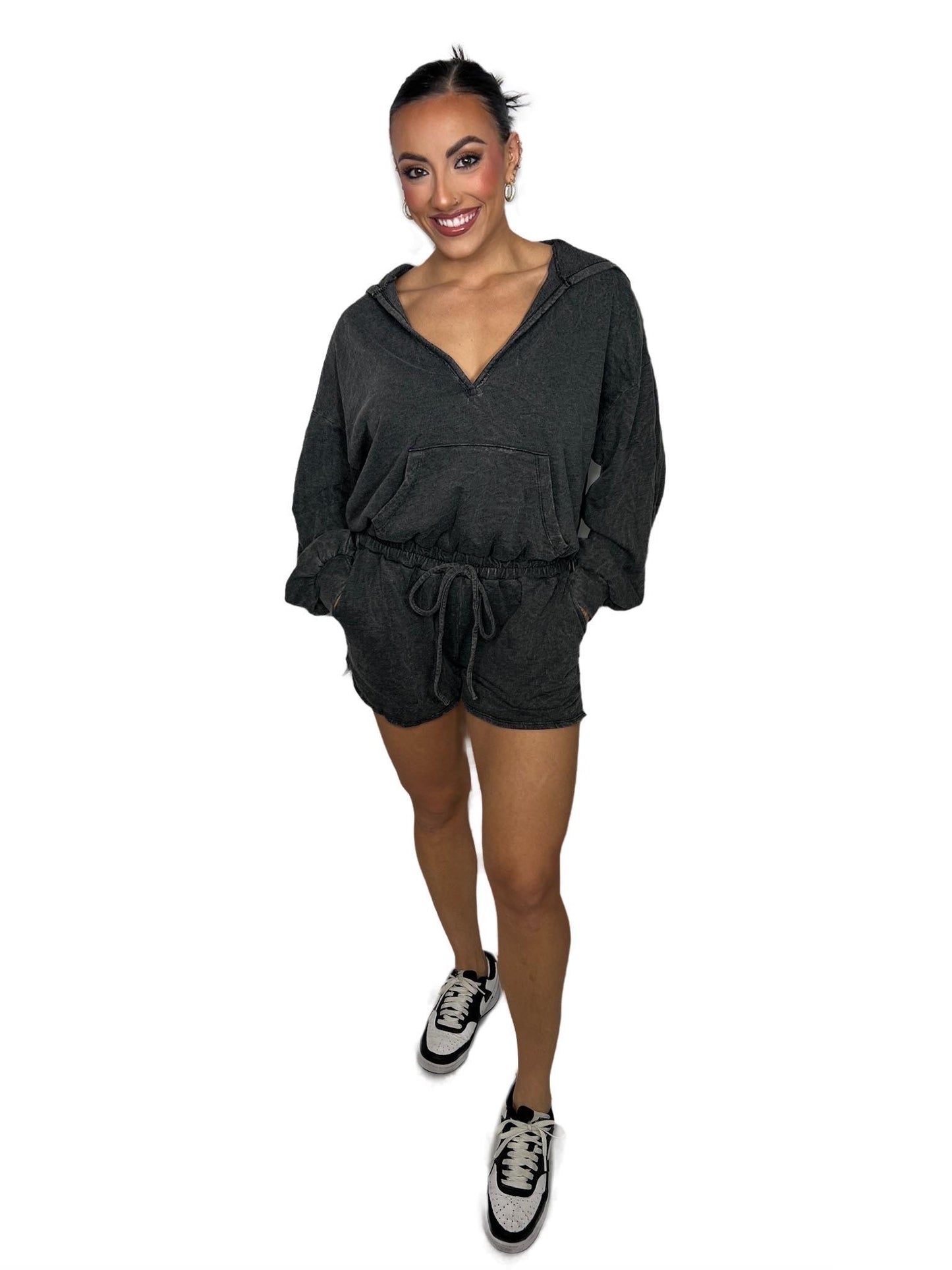 Mineral Washed hooded romper with front pocket