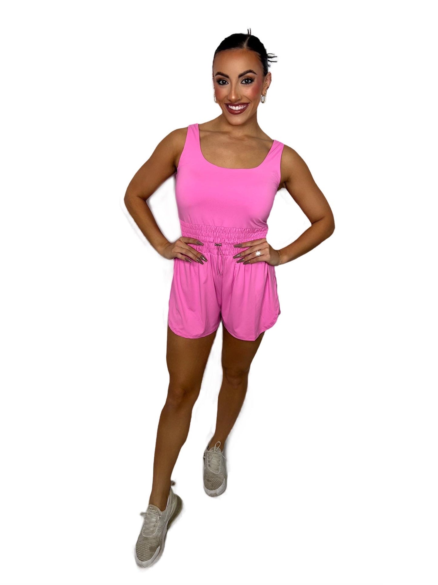 Plain Loop Drawstring Cinched Waist Romper