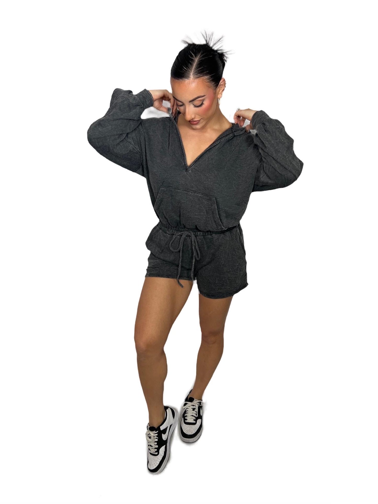Mineral Washed hooded romper with front pocket