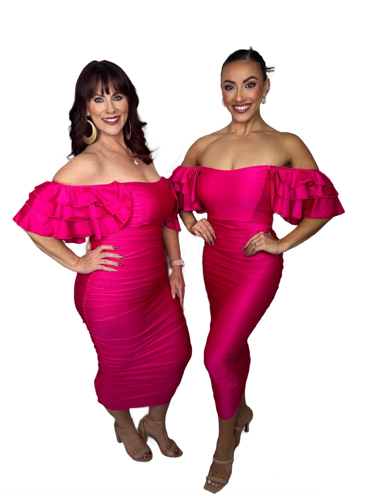 ON/OFF SHOULDER RUFFLES RUCHED BODYCON DRESS