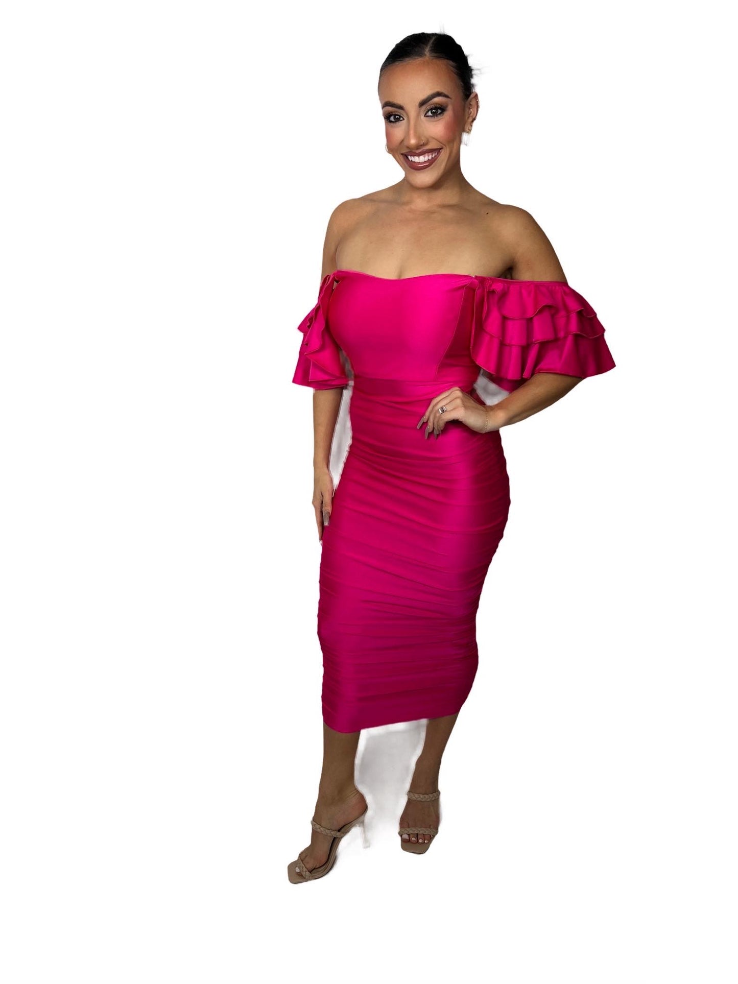 ON/OFF SHOULDER RUFFLES RUCHED BODYCON DRESS
