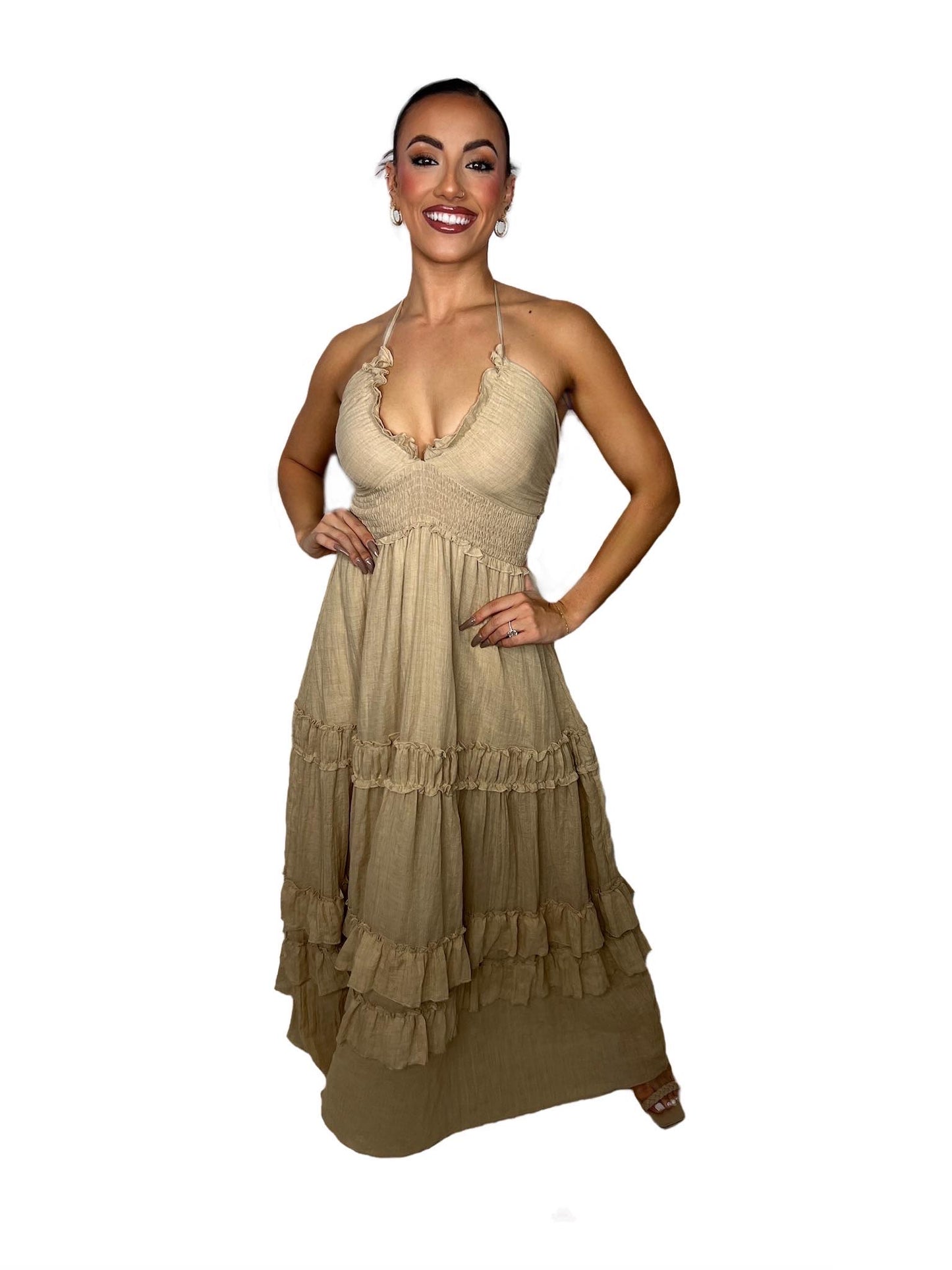 V NECK WOVEN MAXI DRESS