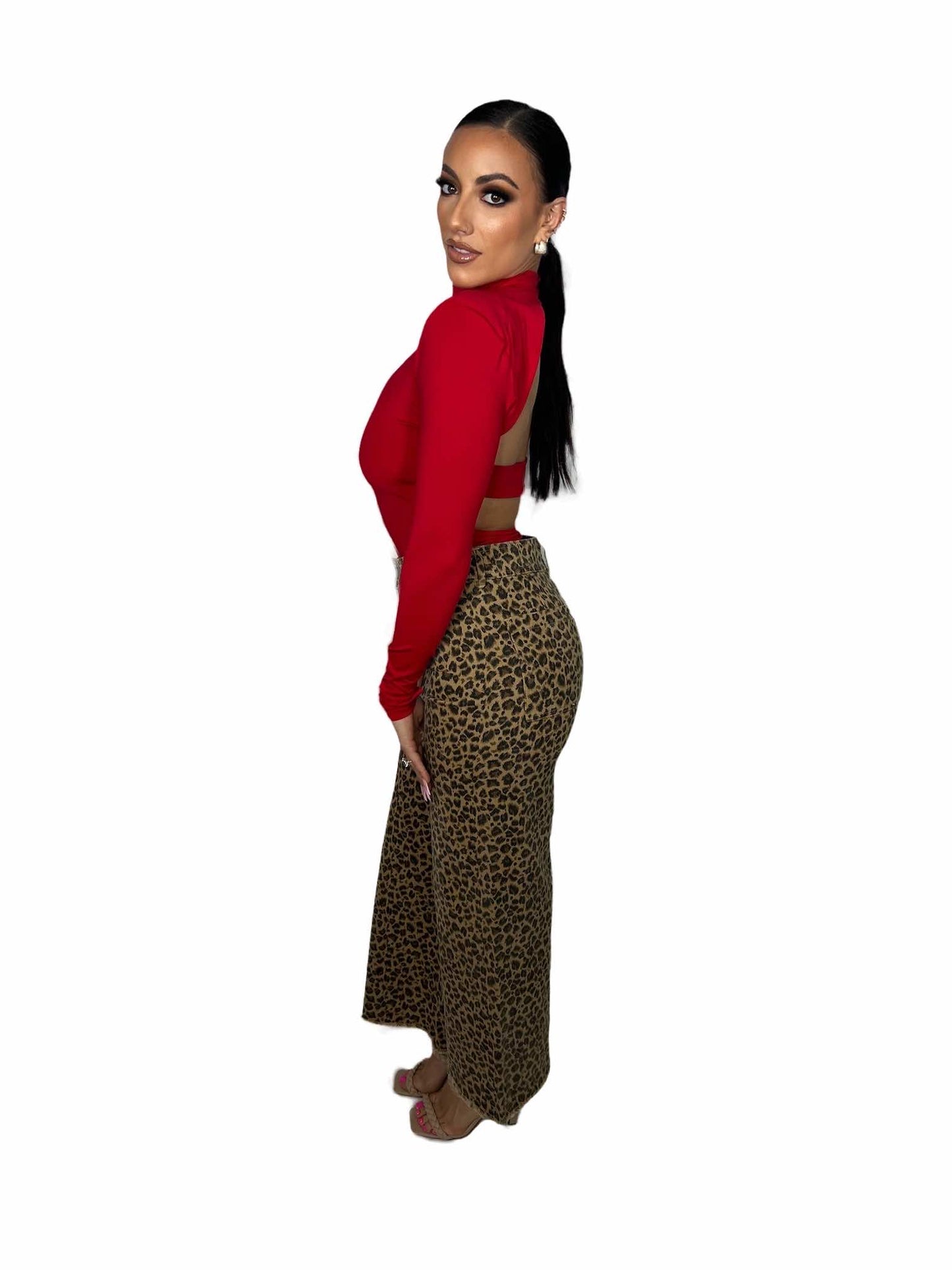 MID RISE LEOPARD TWILL DENIM FRAYED HEM WIDE LEG