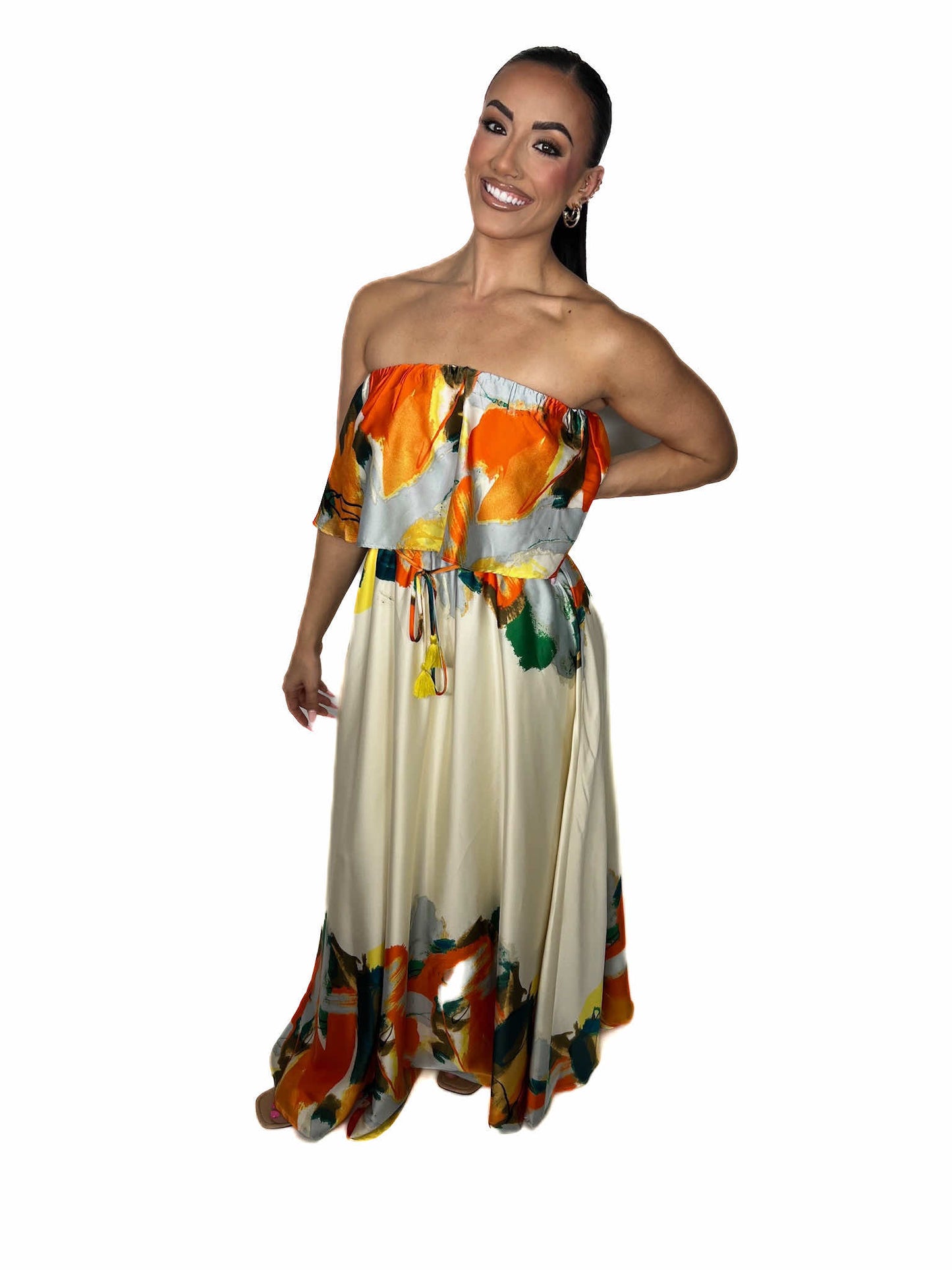 TUBE ELASTIC WAISTED BELTED MAXI DRESS
