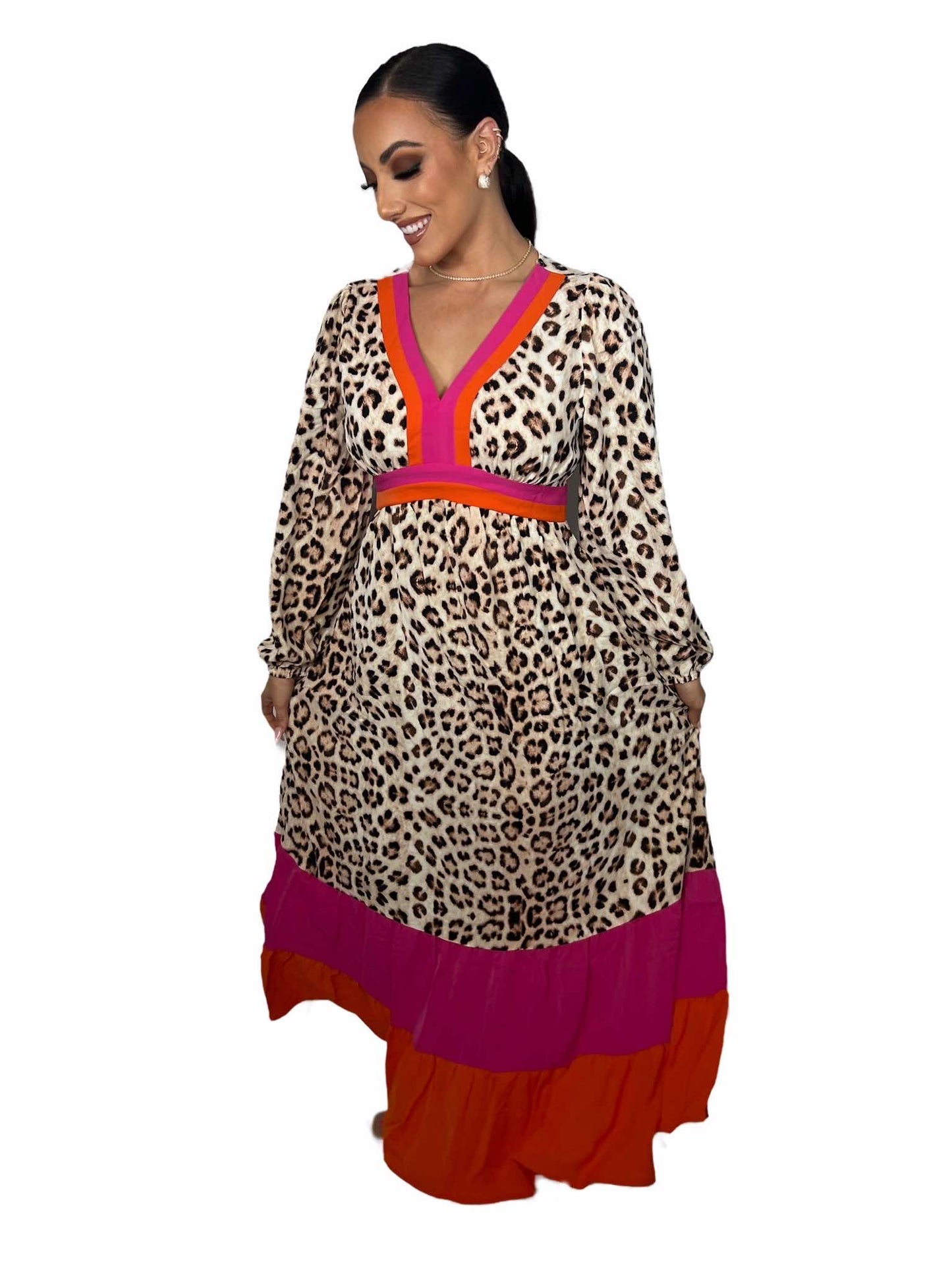 Leopard Color Block V Neck Loose Fit Maxi Dress