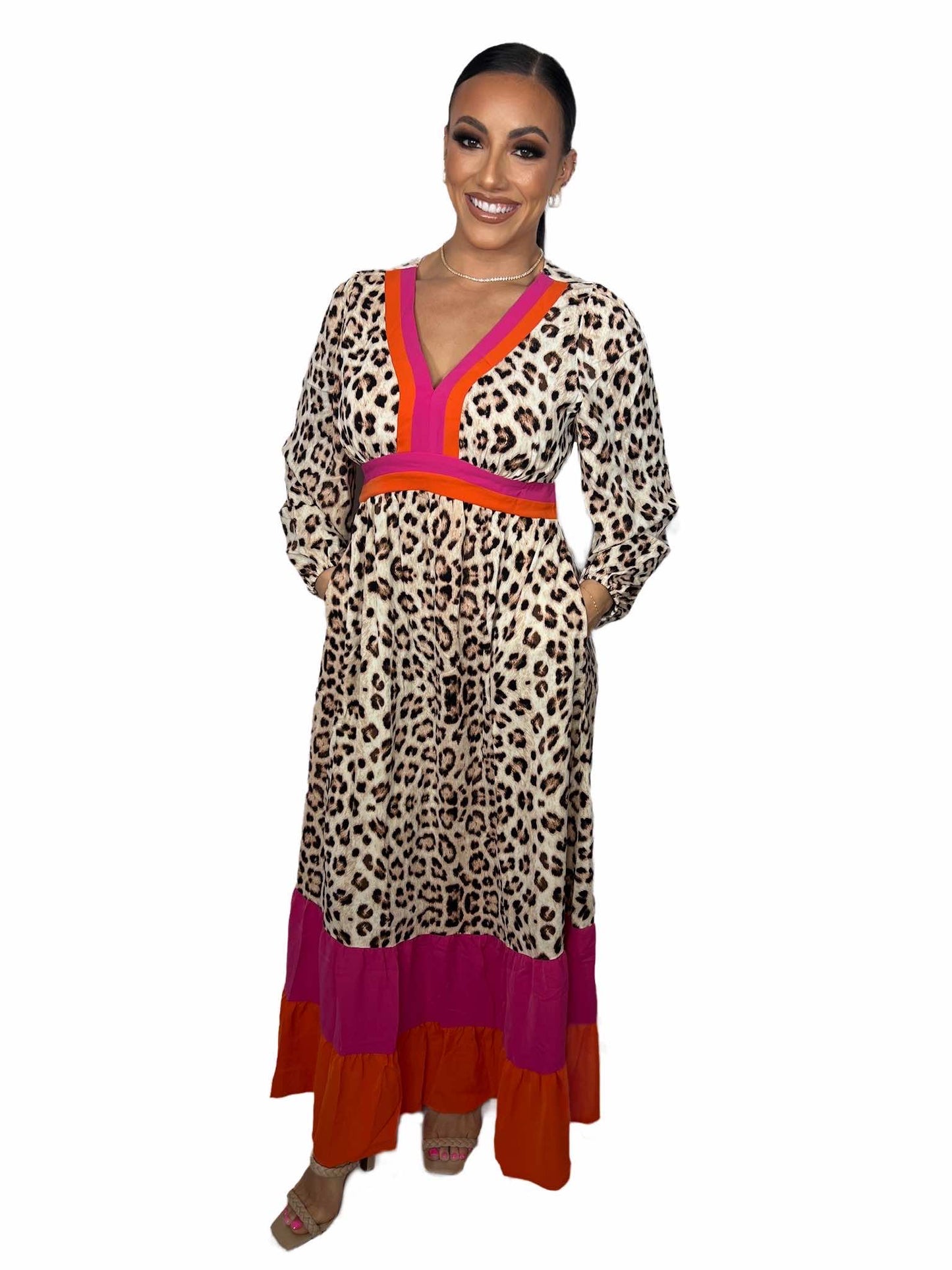 Leopard Color Block V Neck Loose Fit Maxi Dress