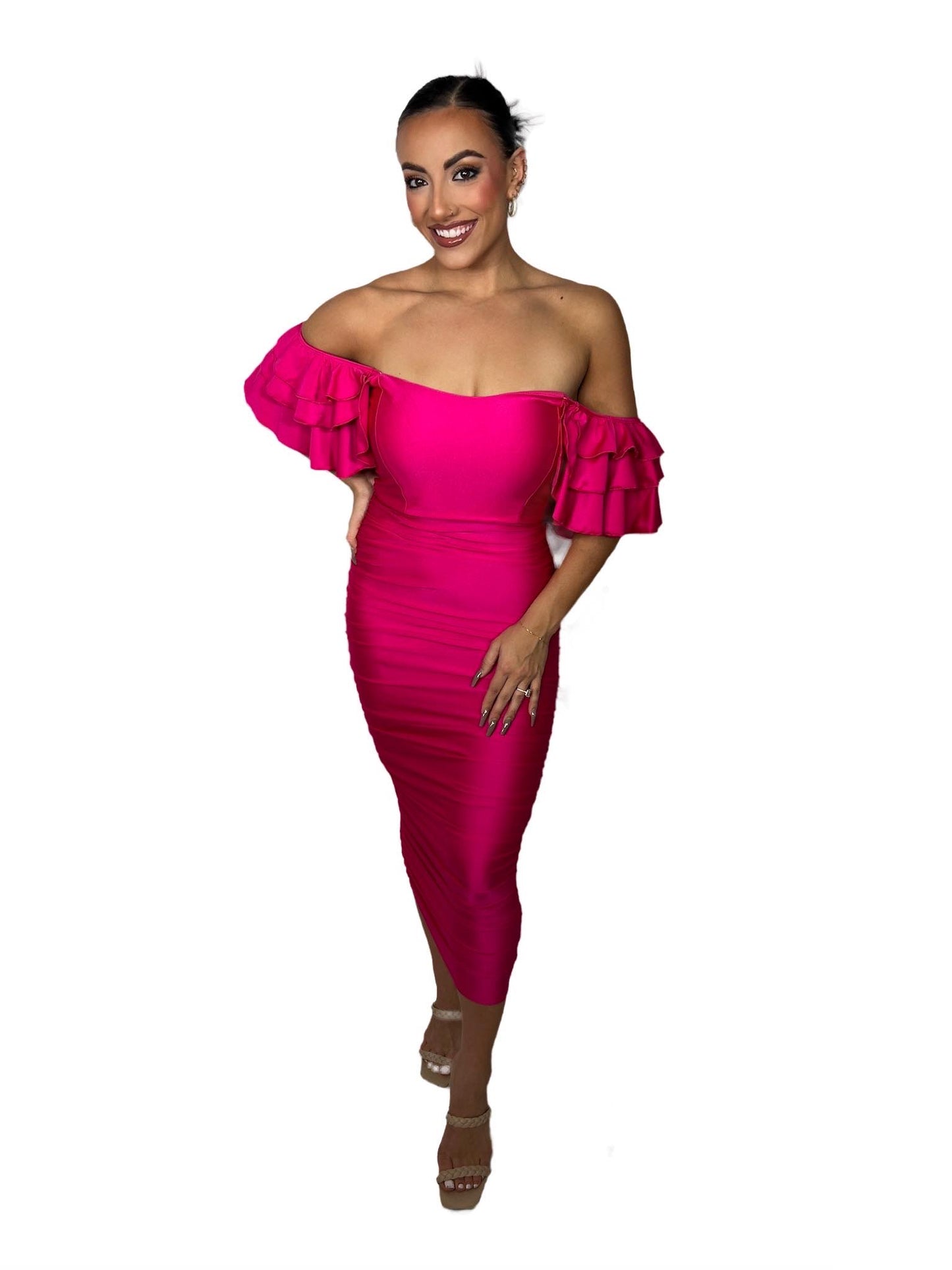 ON/OFF SHOULDER RUFFLES RUCHED BODYCON DRESS