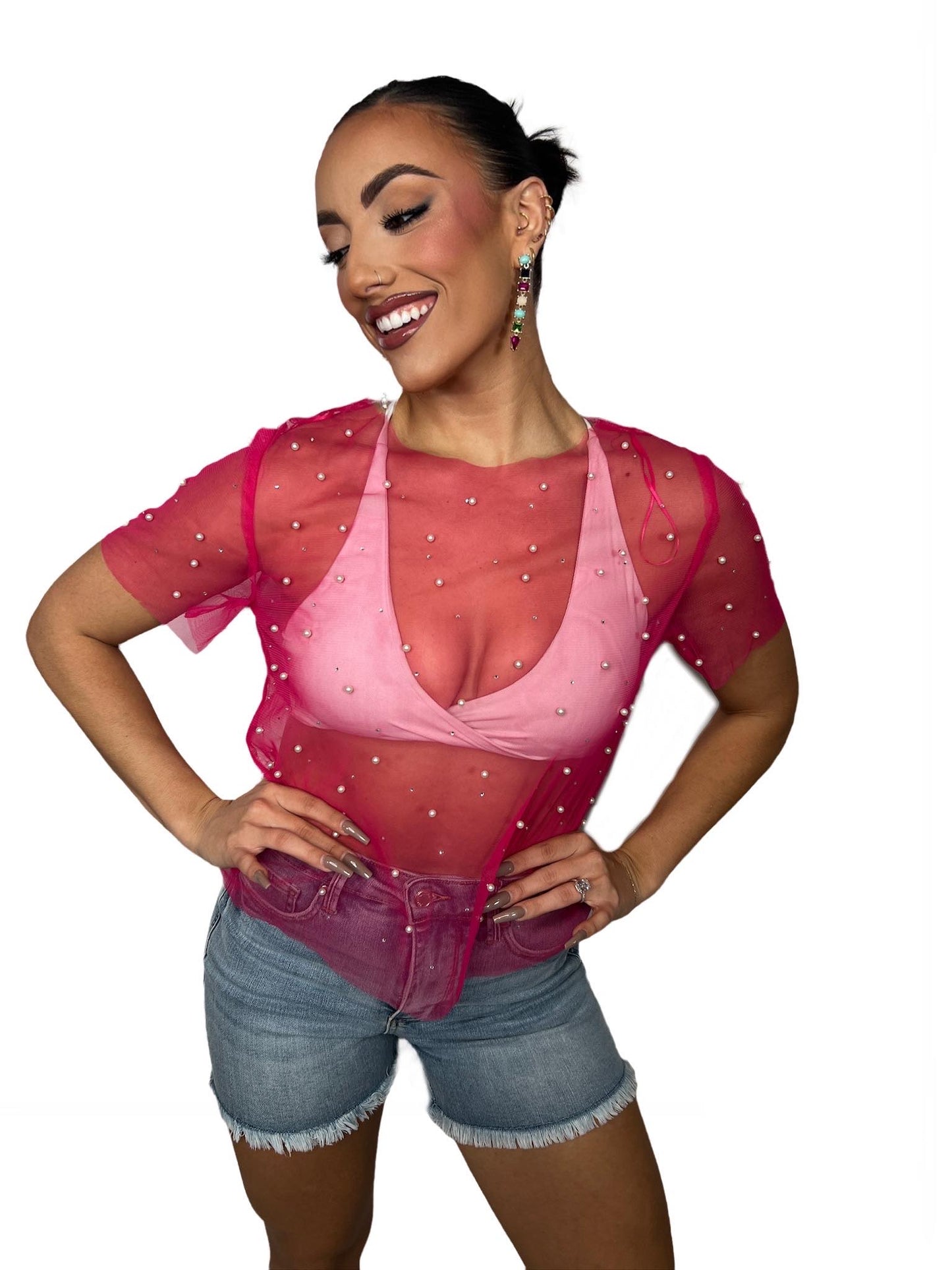 Rhinestone & Pearl Mesh Top