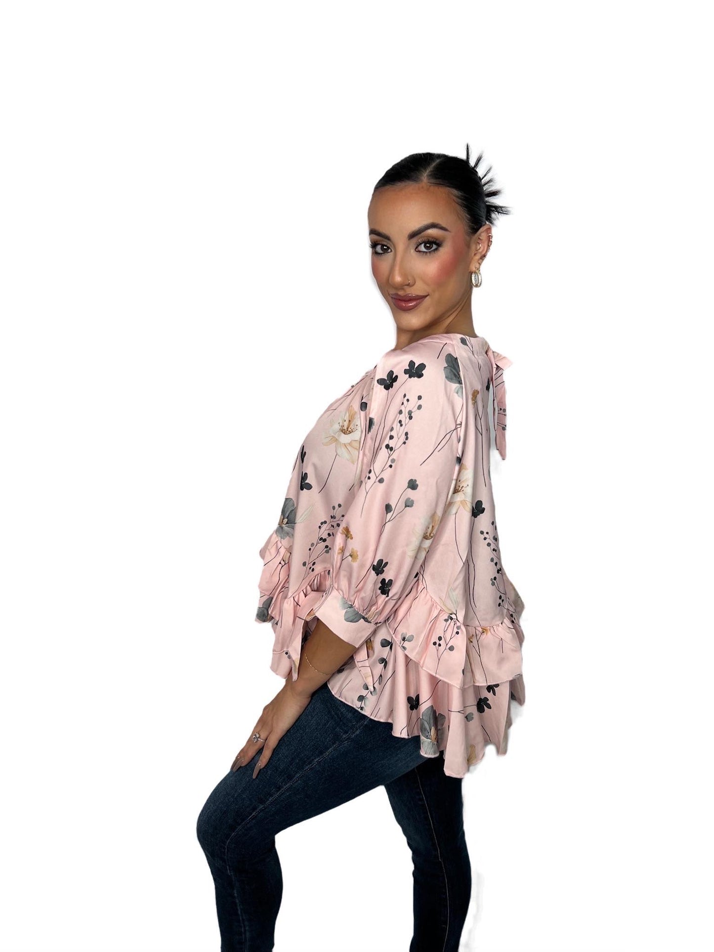 Floral Cold Shoulder Top - Women's Ruffle Blouse