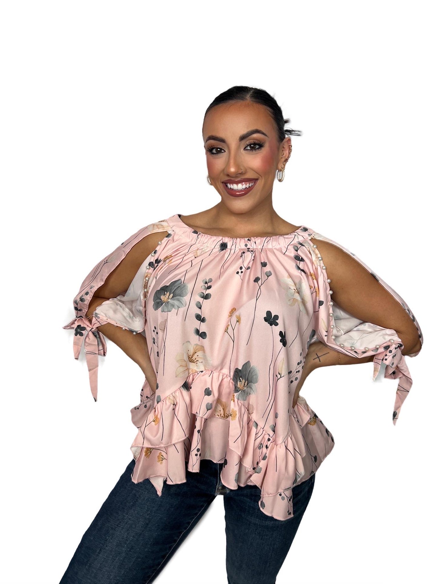 Floral Cold Shoulder Top - Women's Ruffle Blouse