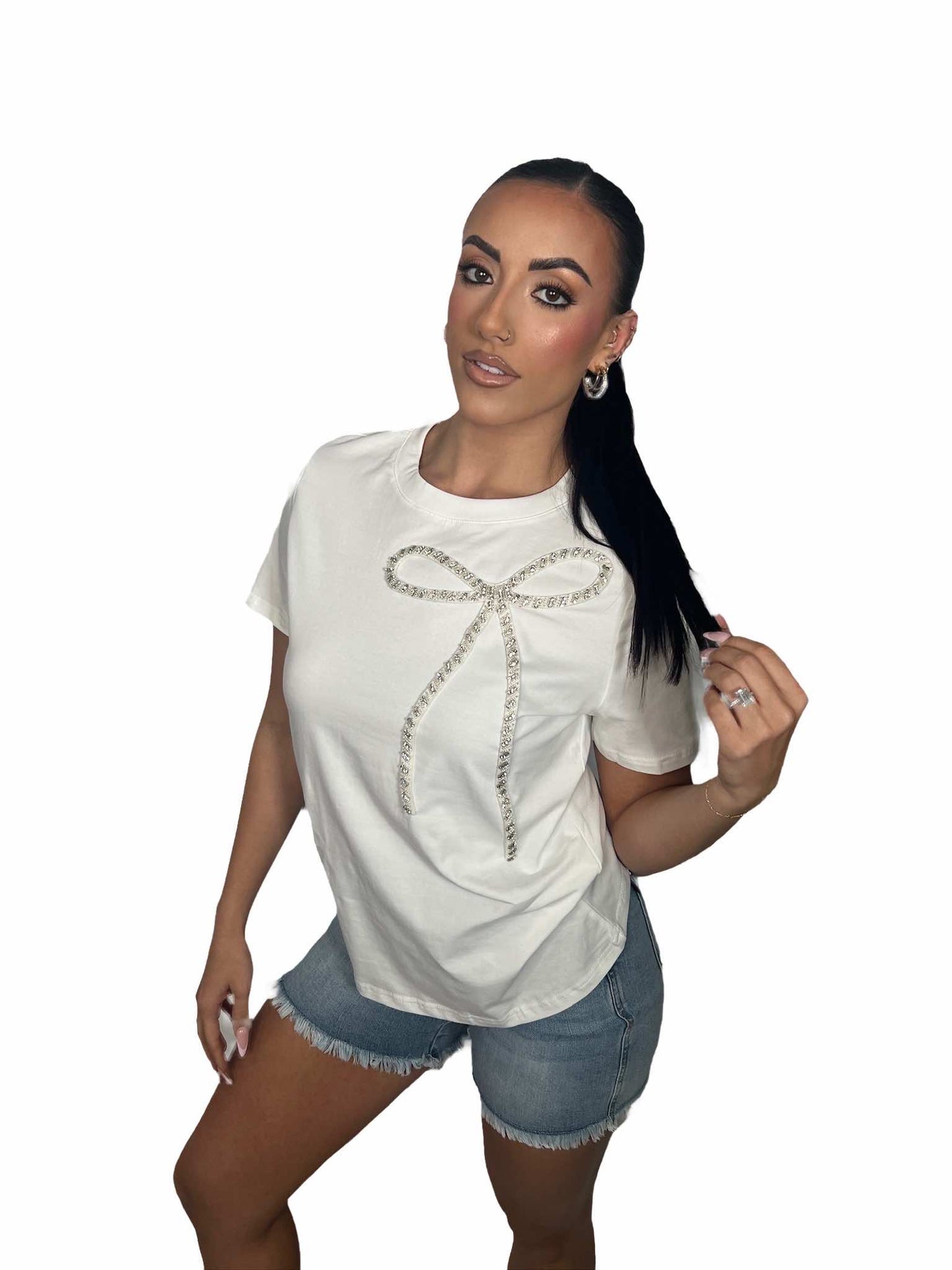 Rhinestone Bow Embellished Round Neck Tee