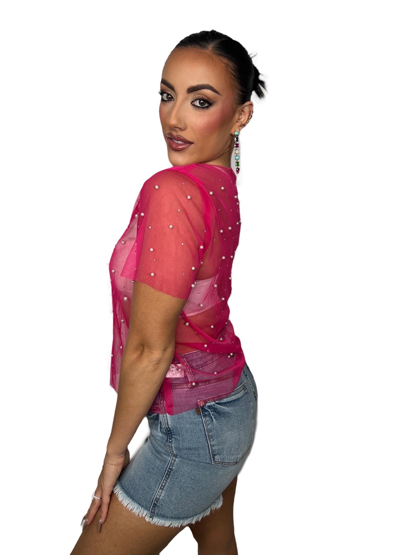 Rhinestone & Pearl Mesh Top