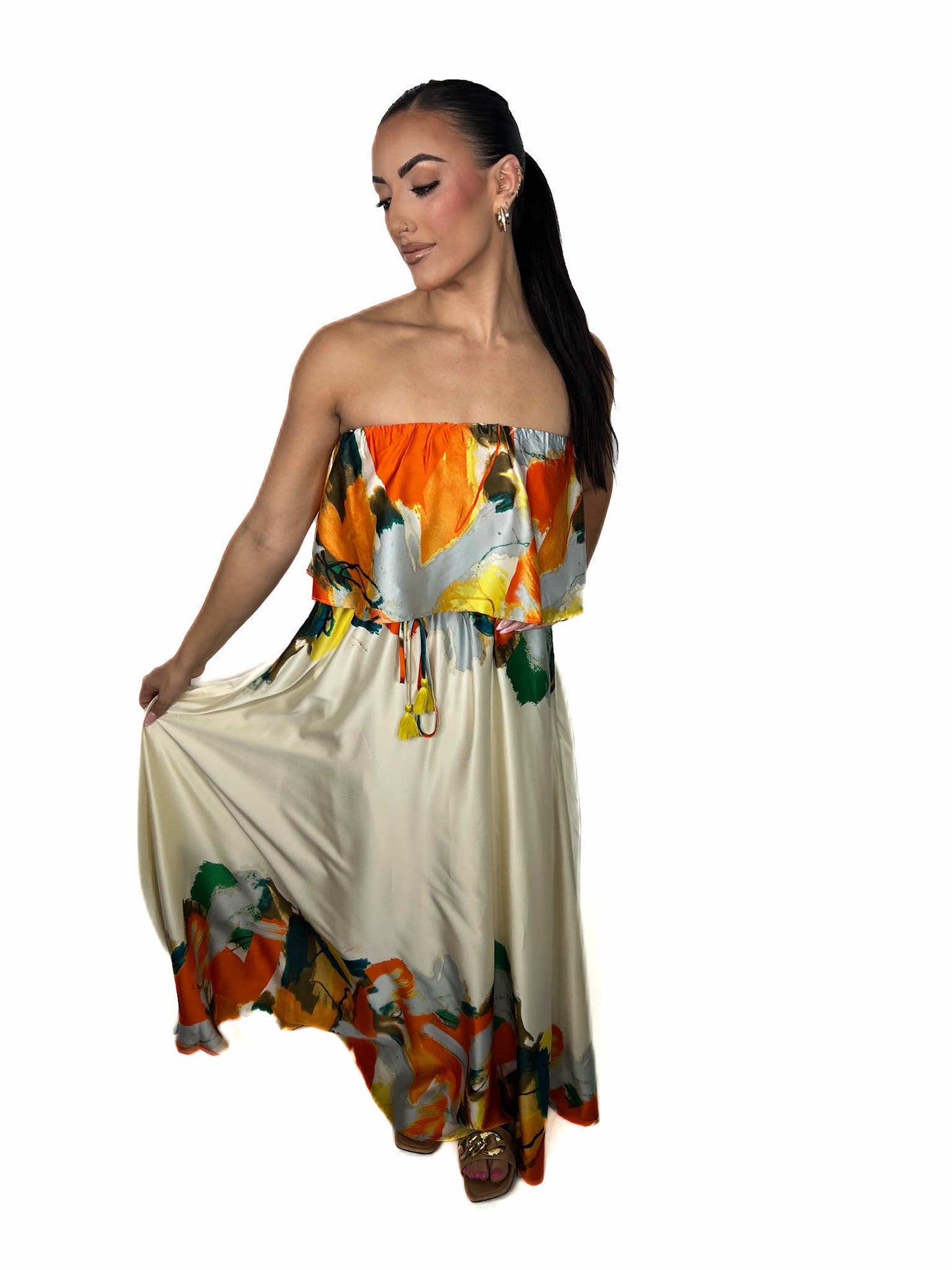 TUBE ELASTIC WAISTED BELTED MAXI DRESS