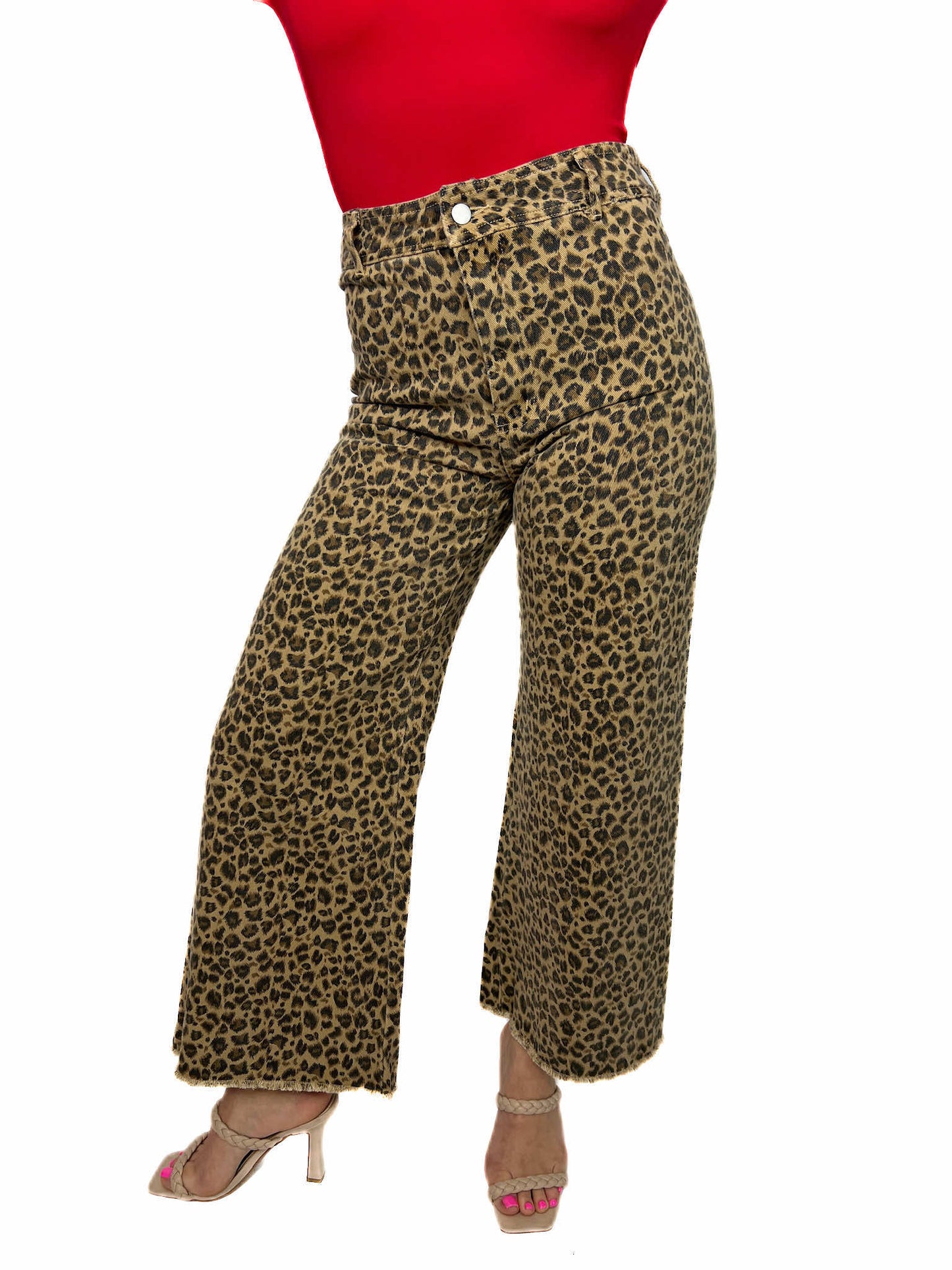 MID RISE LEOPARD TWILL DENIM FRAYED HEM WIDE LEG