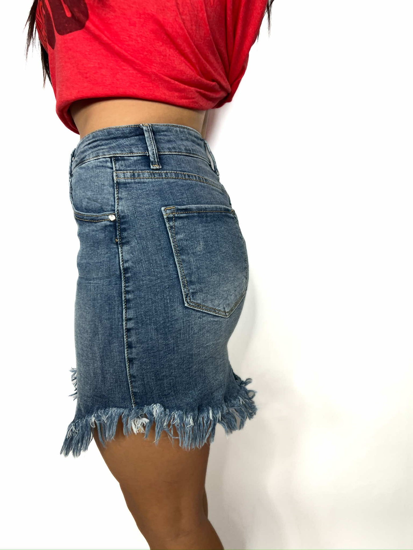 High Waist Long Frayed Hem Mini Denim Skirt