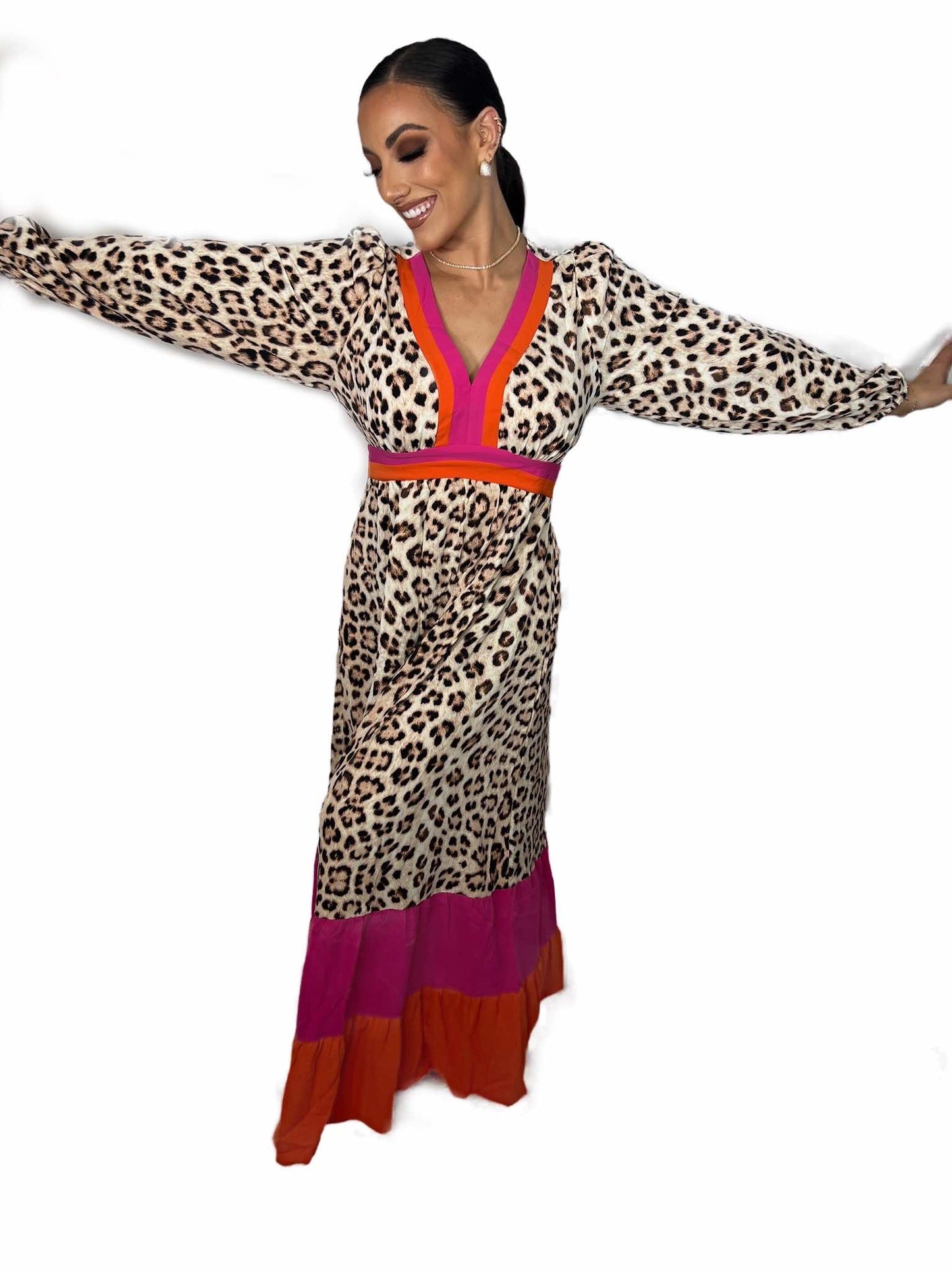 Leopard Color Block V Neck Loose Fit Maxi Dress