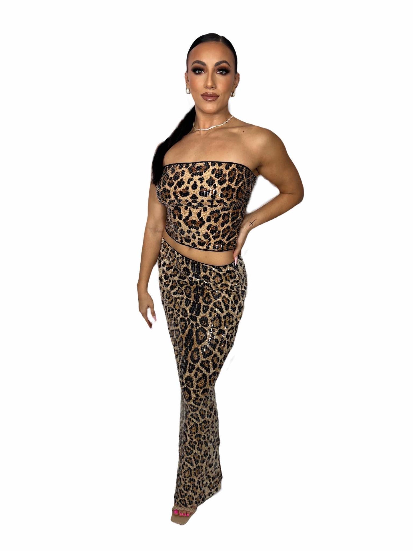 Leopard Sequins Maxi Skirt