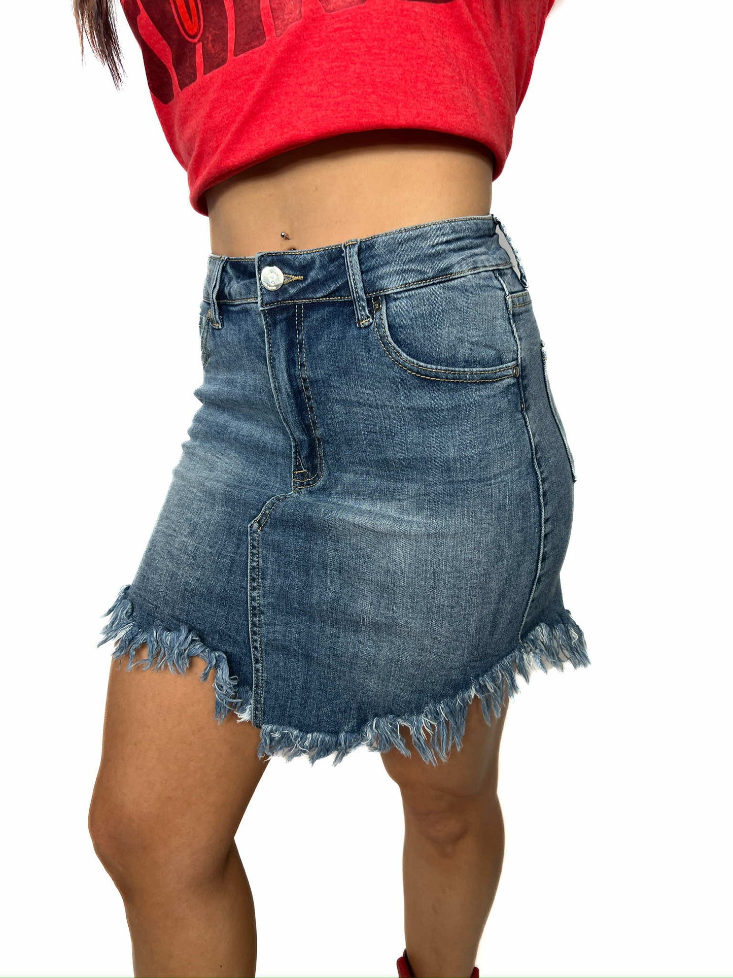 High Waist Long Frayed Hem Mini Denim Skirt