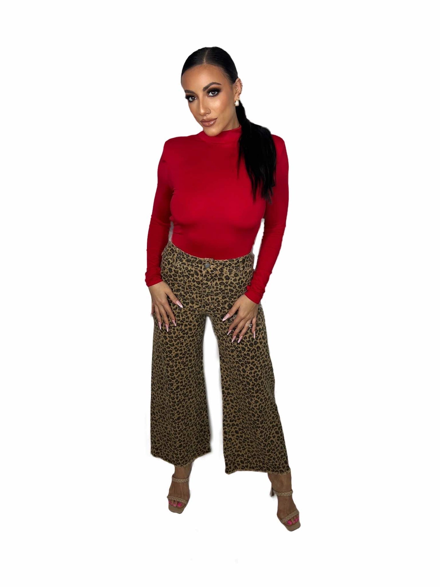 MID RISE LEOPARD TWILL DENIM FRAYED HEM WIDE LEG