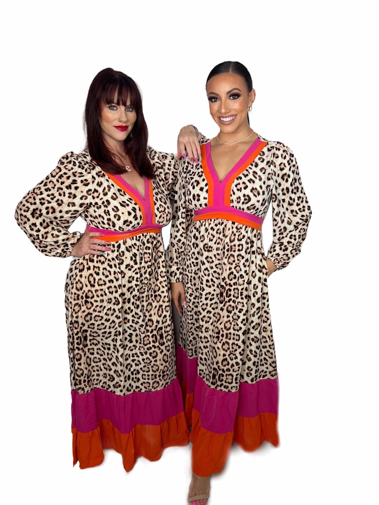 Leopard Color Block V Neck Loose Fit Maxi Dress