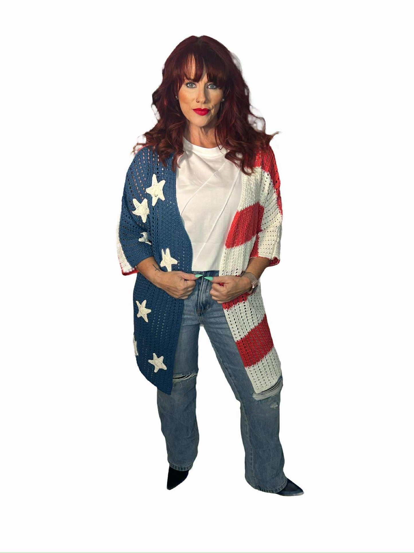 Star Patches American Flag Theme Open Knit Cardigan