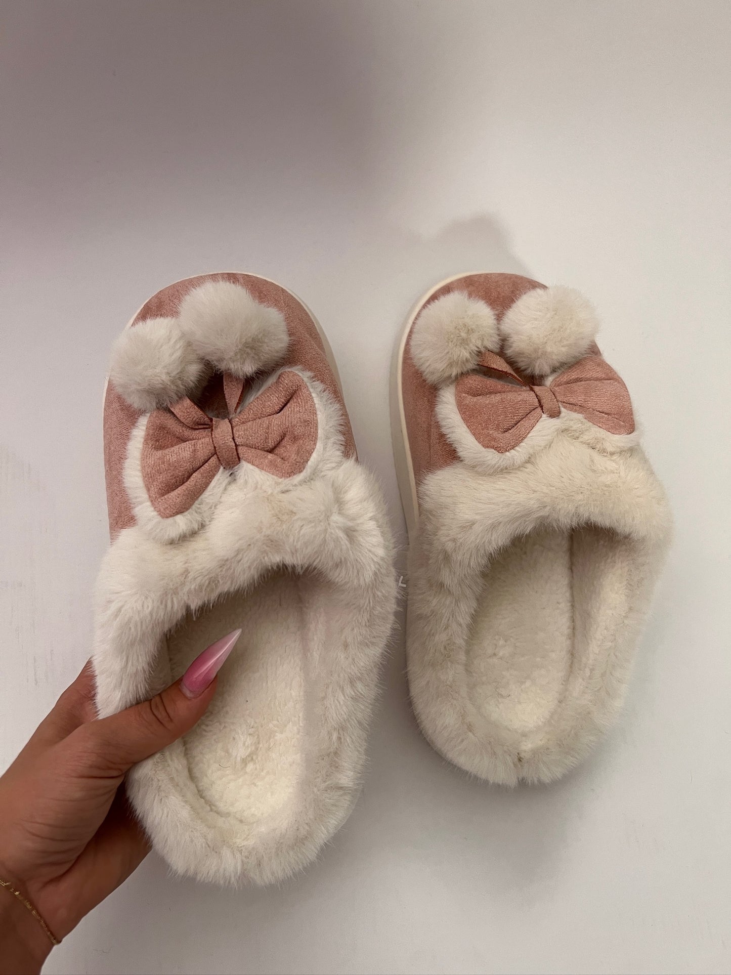 Bow Pom Pom Faux Suede Cozy Warm Slippers