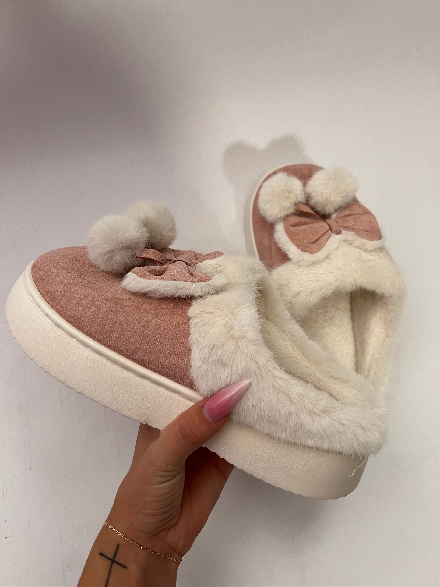 Bow Pom Pom Faux Suede Cozy Warm Slippers