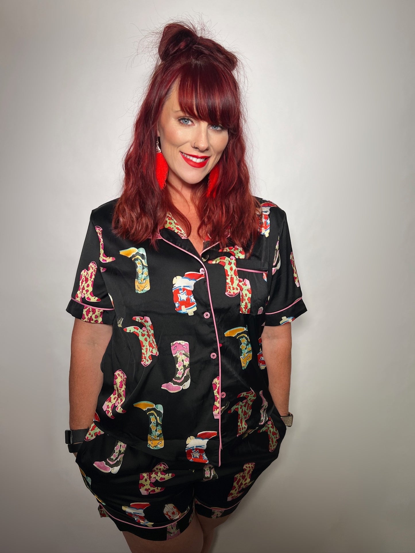 Black Western Boots Printed Short Pajama Set