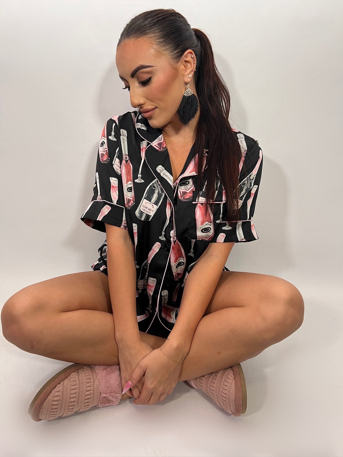 Champagne Print Silky Short Sleeve Pajamas Set