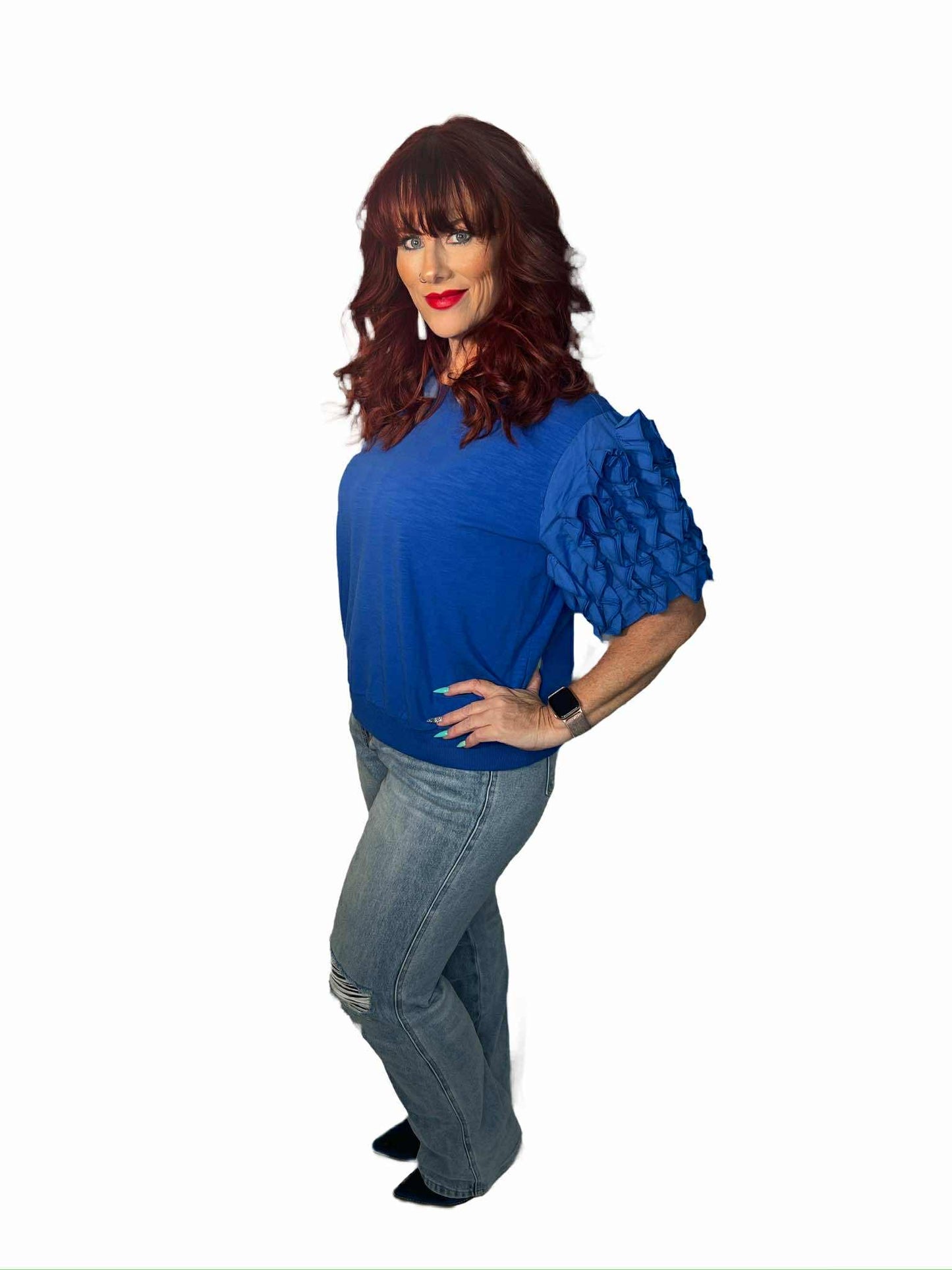 Ruffle Detailed Puff Sleeves Knit Round Neck Top