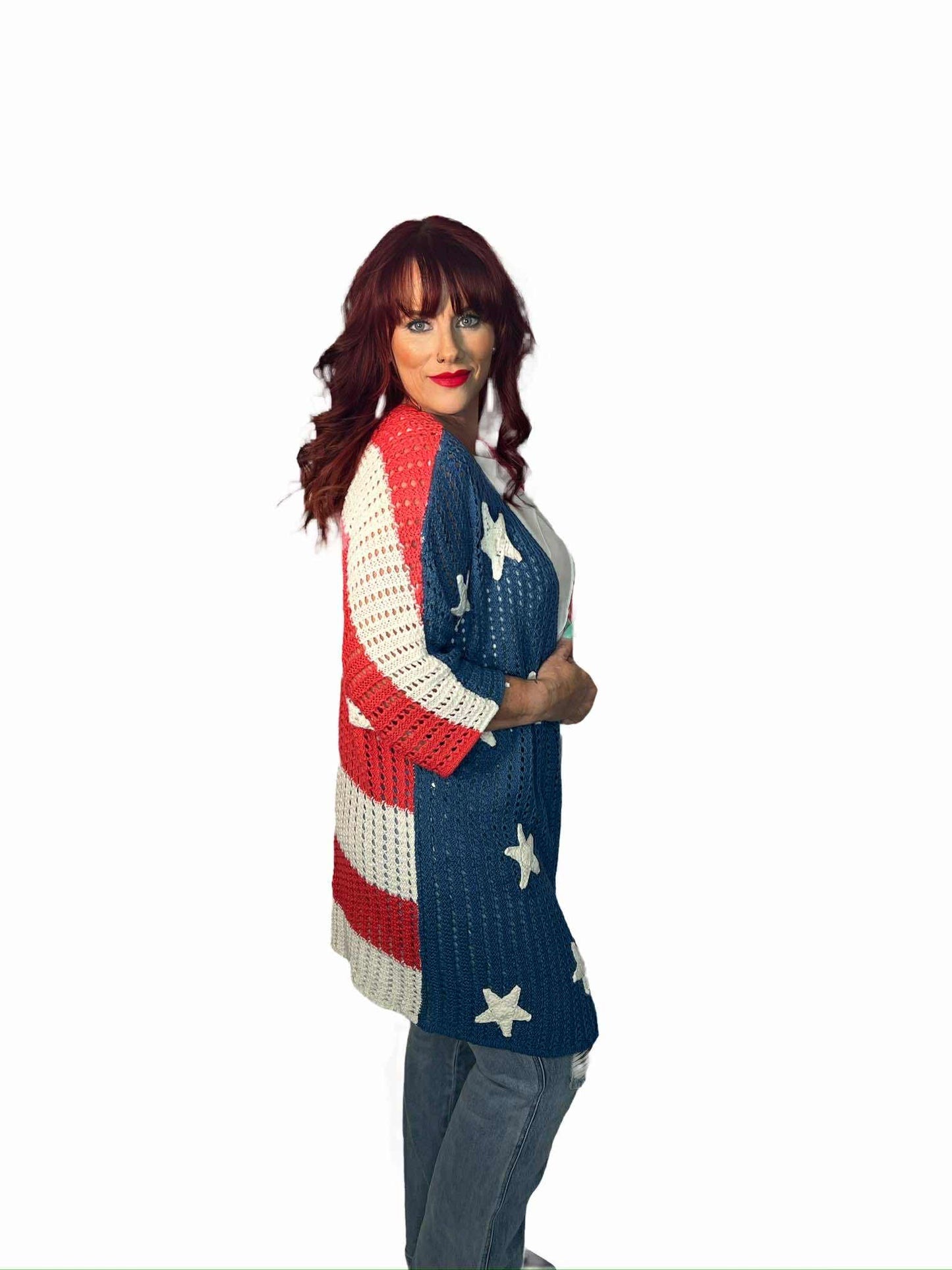 Star Patches American Flag Theme Open Knit Cardigan