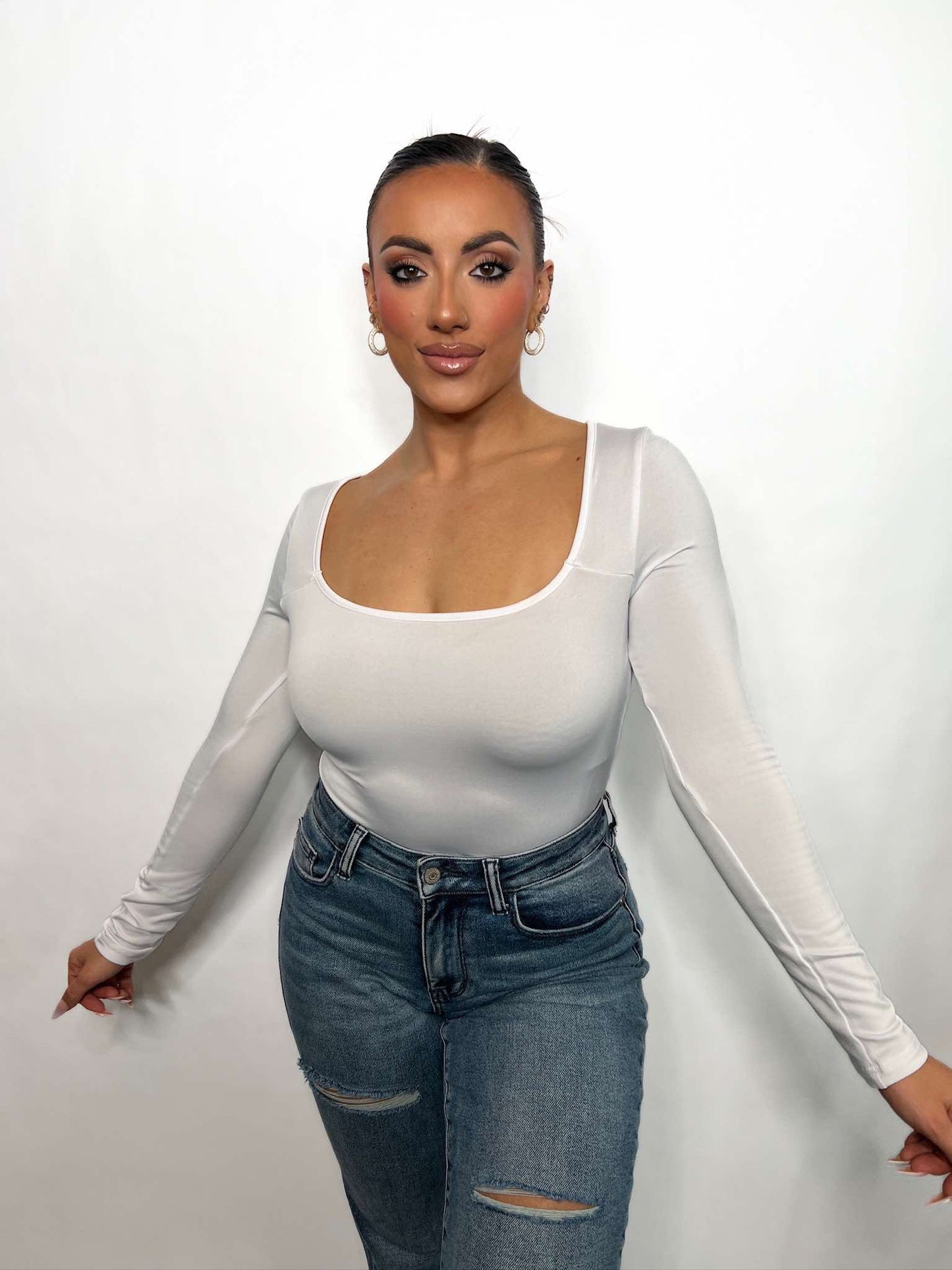 WOMEN SEXY DEEP SQUARE NECK LONG SLEEVE BODY SUIT