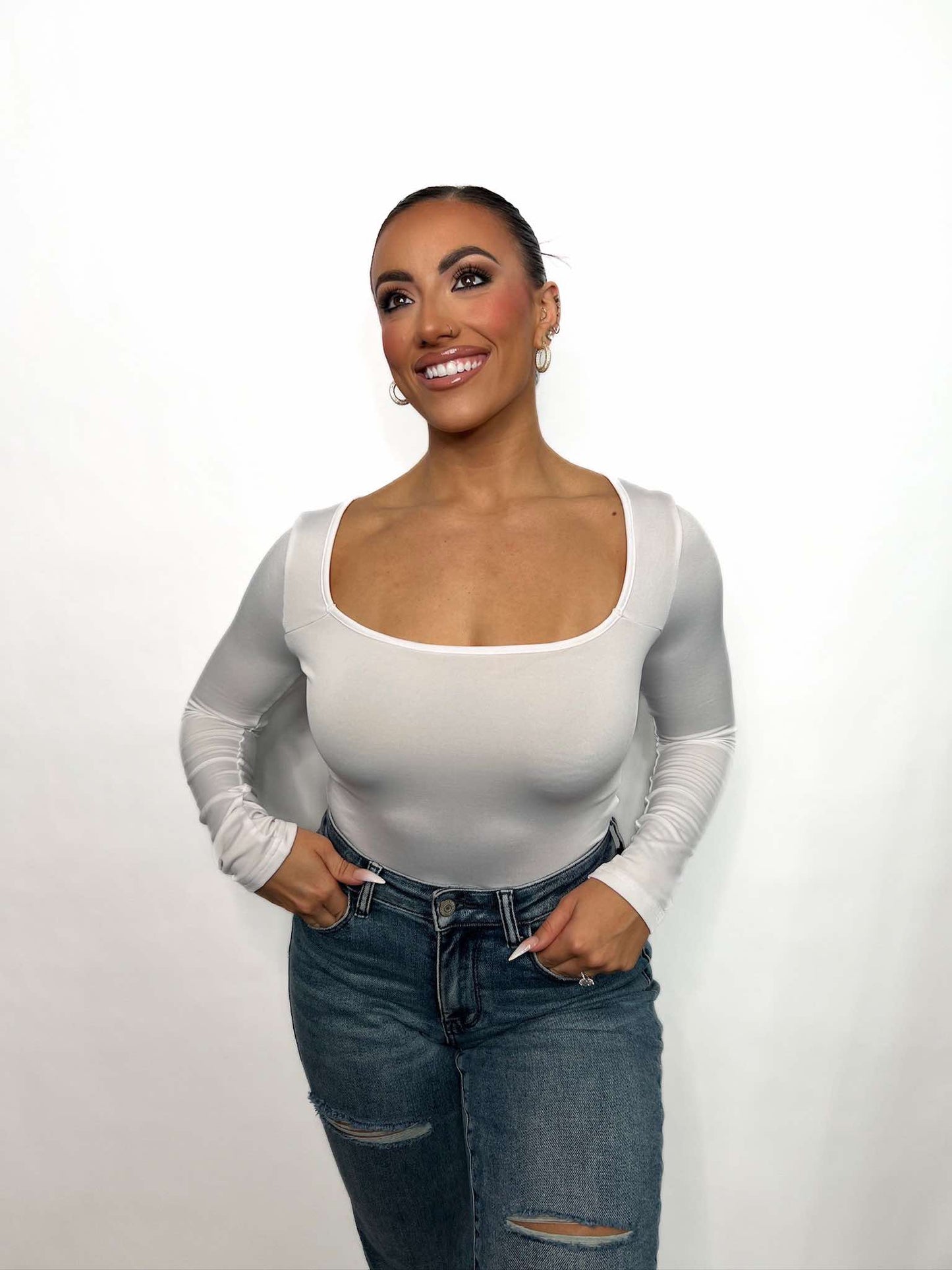 WOMEN SEXY DEEP SQUARE NECK LONG SLEEVE BODY SUIT