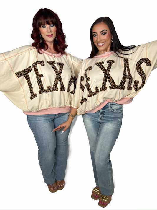 LEOPARD PRINT TEXAS PATCHWORK OVERLOCK STITCH TOP