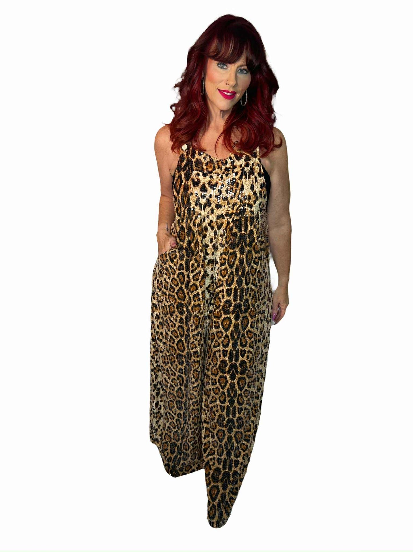 SEQUIN LEOPARD WIDE LEG OVERALLS
