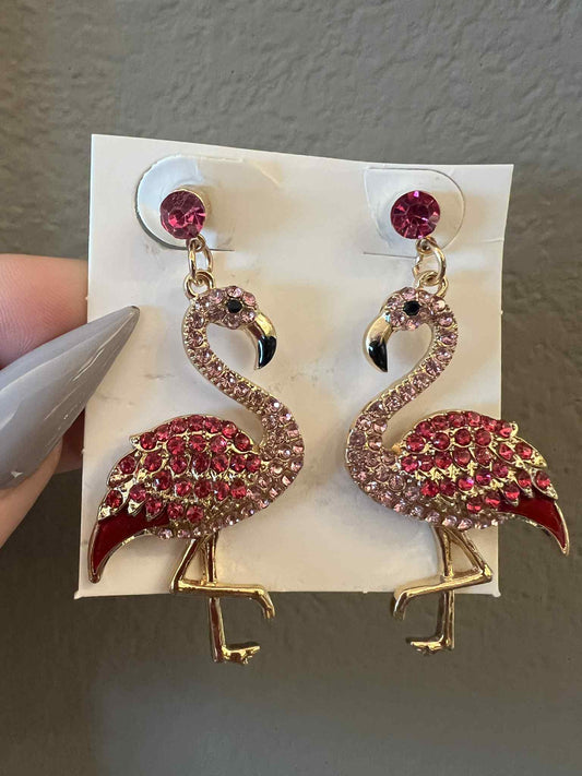 Pink Bohemian Beaded Rhinestones Flamingo Earrings