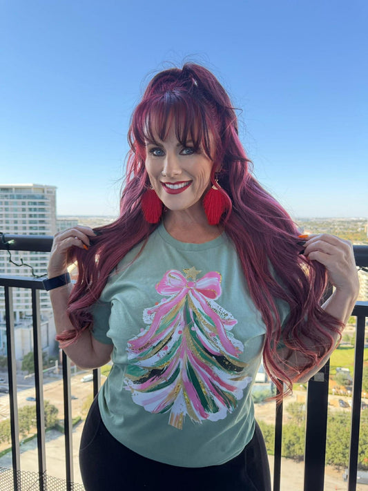 Pink Christmas Tree Green Tee