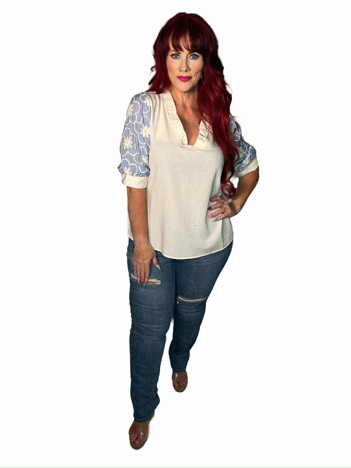Solid Woven Outlined Flower Puff Sleeves Top