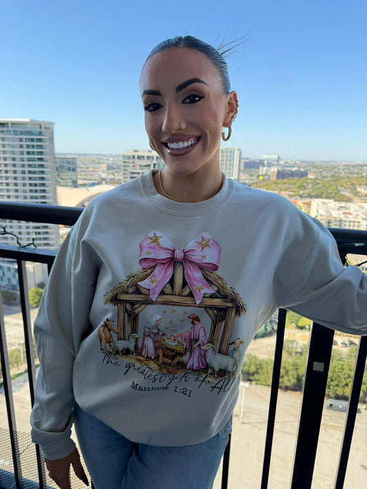 Pink Nativity Set with Bow Crewneck
